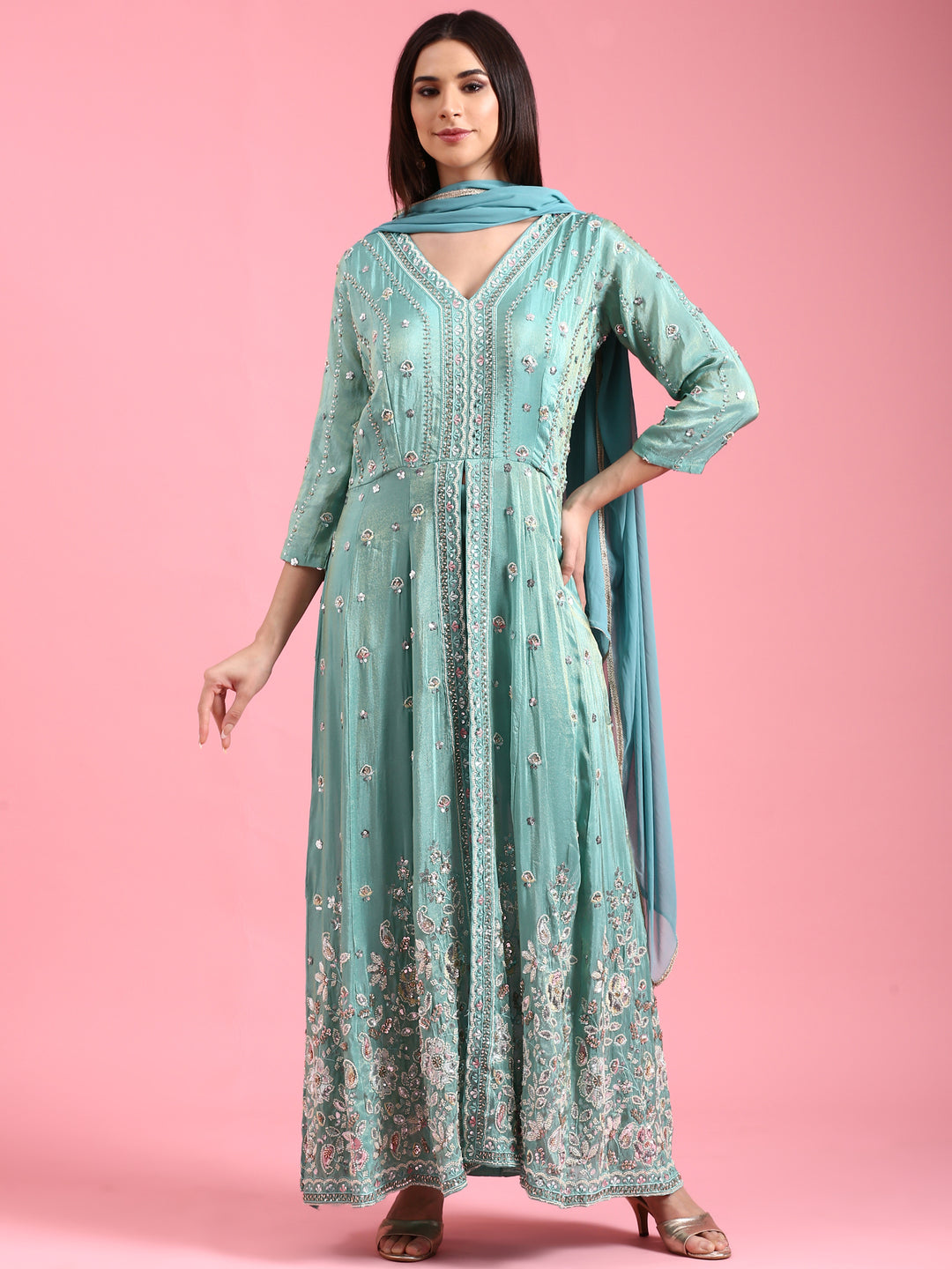 Neerus Green Solid Embellished Tissue Flared Suit Set - Kurta + Palazzo for Indo-Western Women Neerus India Neerus Green Solid Embellished Tissue Flared Suit Set - Kurta + Palazzo for Indo-Western Women Neerus India