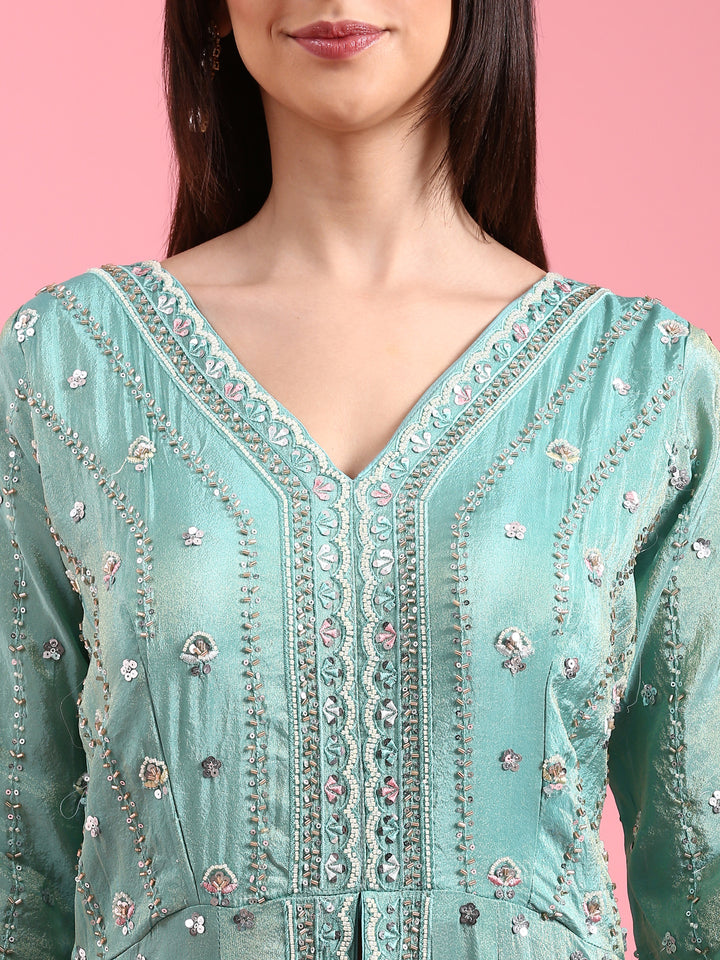 Sea Green Tissue Beads Work Kali With Palazzo