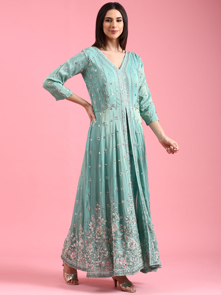 Sea Green Tissue Beads Work Kali With Palazzo