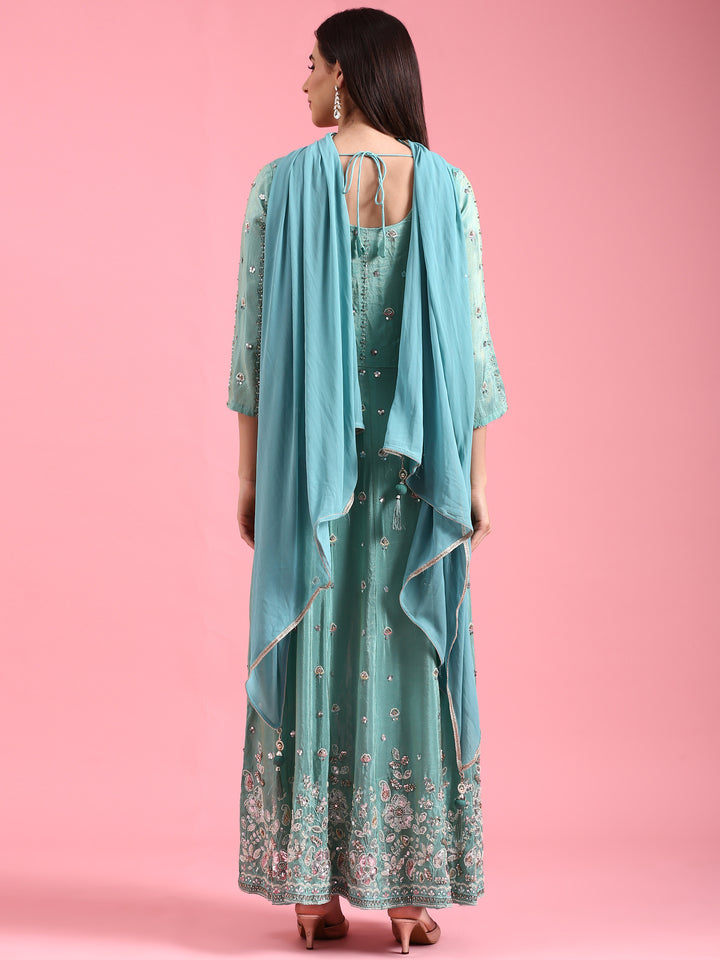 Sea Green Tissue Beads Work Kali With Palazzo