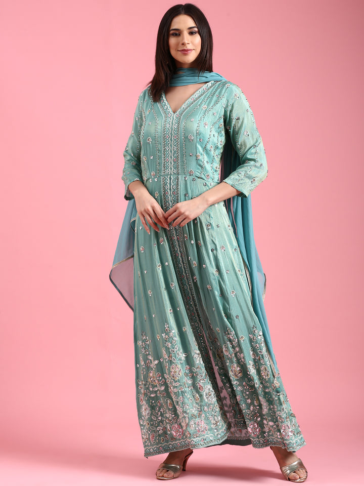 Sea Green Tissue Beads Work Kali With Palazzo