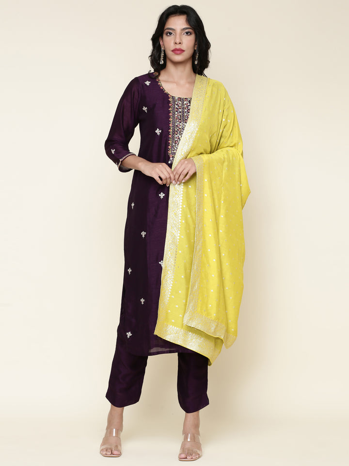Purple Silk Embroidered three piece suit set with Contrast Dupatta