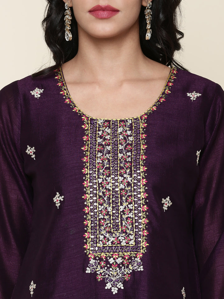 Purple Silk Embroidered three piece suit set with Contrast Dupatta
