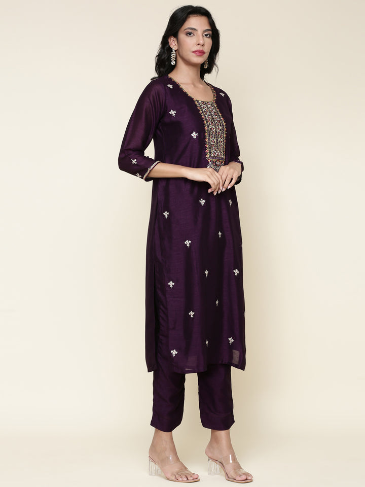 Purple Silk Embroidered three piece suit set with Contrast Dupatta