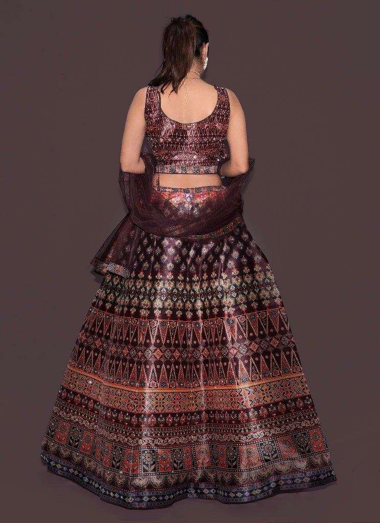 Neerus Brown silk printed lehenga set - side view