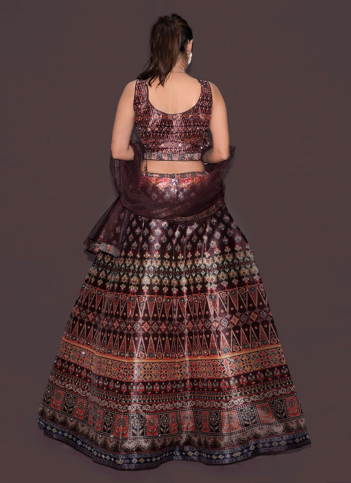 Neerus Brown silk printed lehenga set - side view