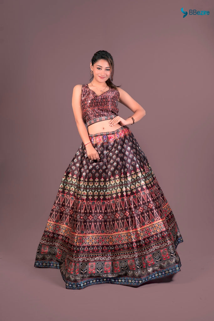Neerus Brown silk printed lehenga set - front view