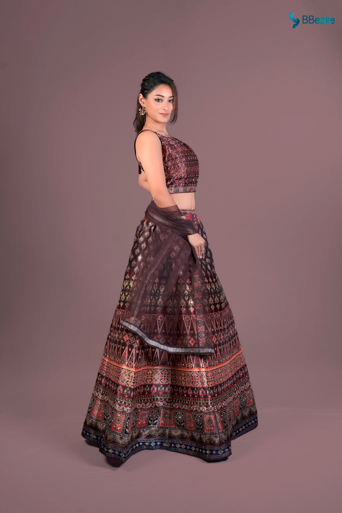 Neerus Brown silk printed lehenga set - back view