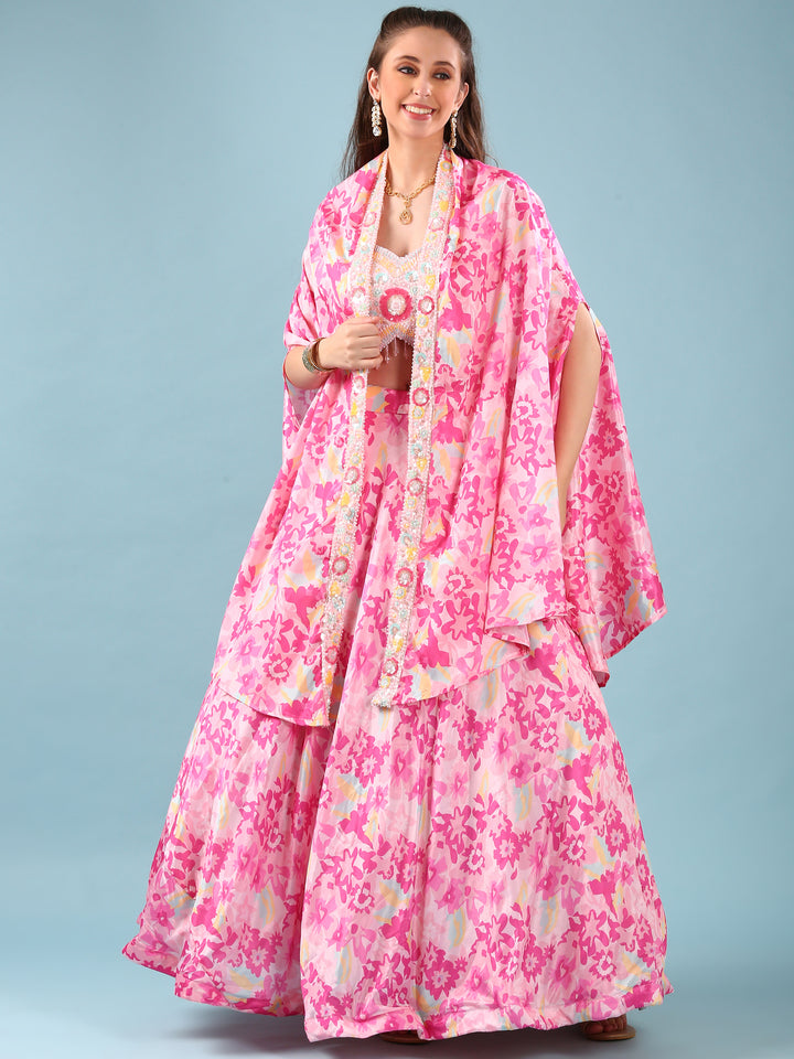 Pink Chinnon Digital Print Jacket Ghagra Set