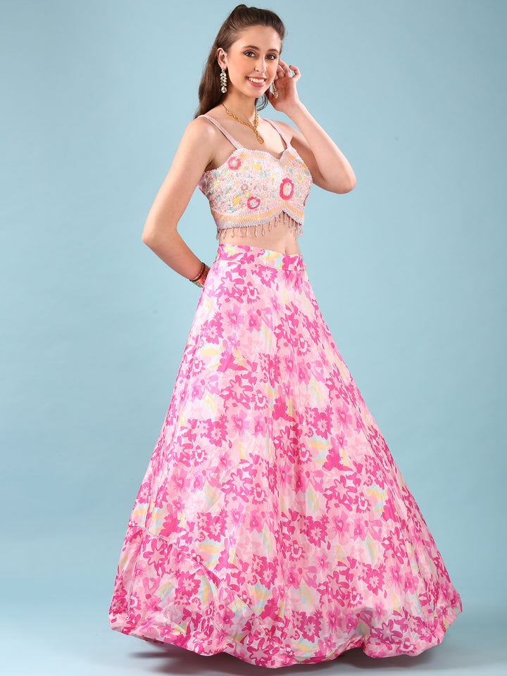 Pink Chinnon Digital Print Jacket Ghagra Set