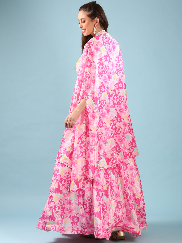 Pink Chinnon Digital Print Jacket Ghagra Set