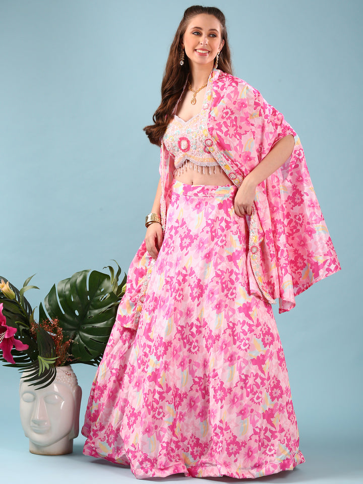 Pink Chinnon Digital Print Jacket Ghagra Set