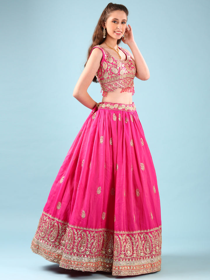 Pink Silk Hand Embroidery Ghagra Set