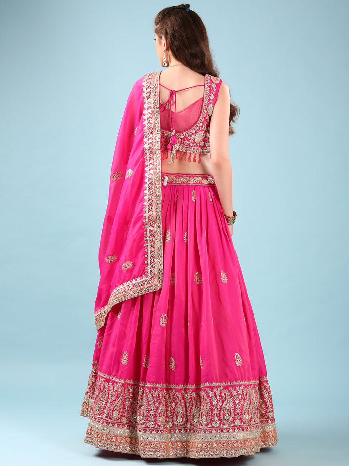 Pink Silk Hand Embroidery Ghagra Set