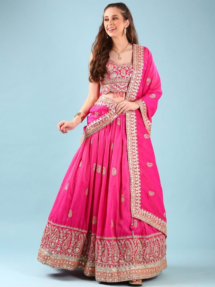 Pink Silk Hand Embroidery Ghagra Set