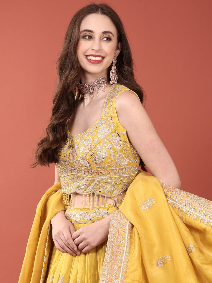 Yellow Silk Zari Heavy Embroidered Ghagra Set