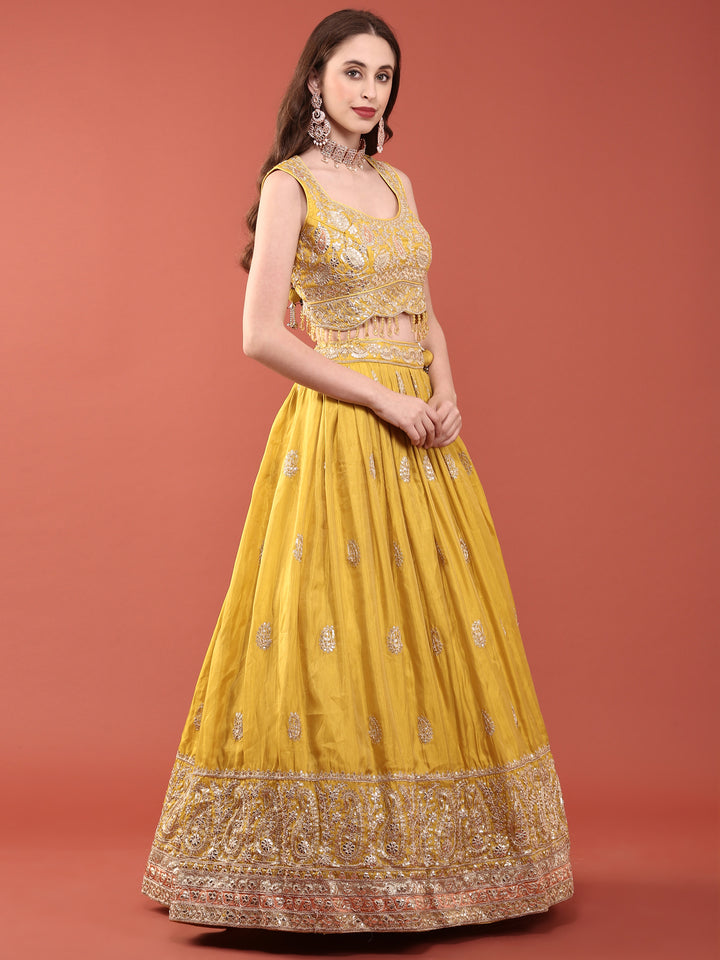 Yellow Silk Zari Heavy Embroidered Ghagra Set