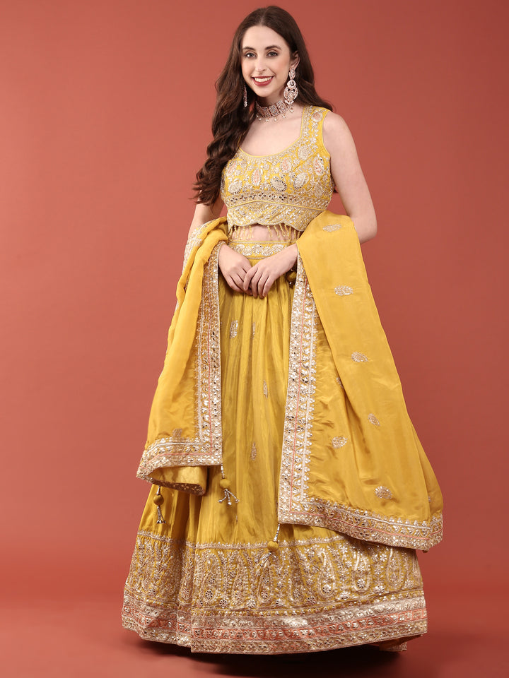 Yellow Silk Zari Heavy Embroidered Ghagra Set