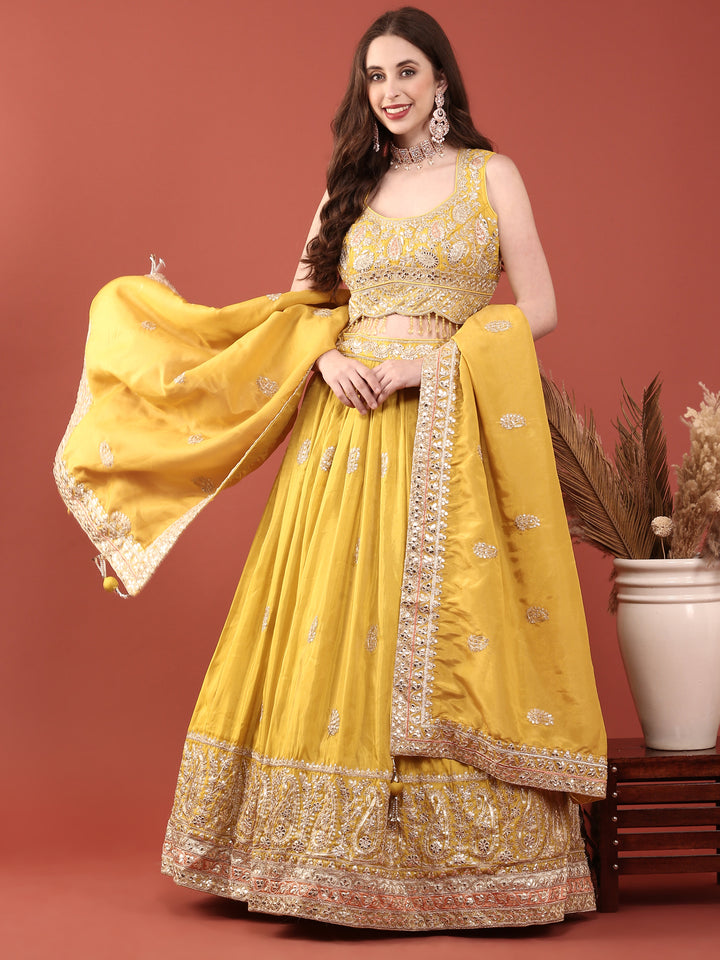 Yellow Silk Zari Heavy Embroidered Ghagra Set