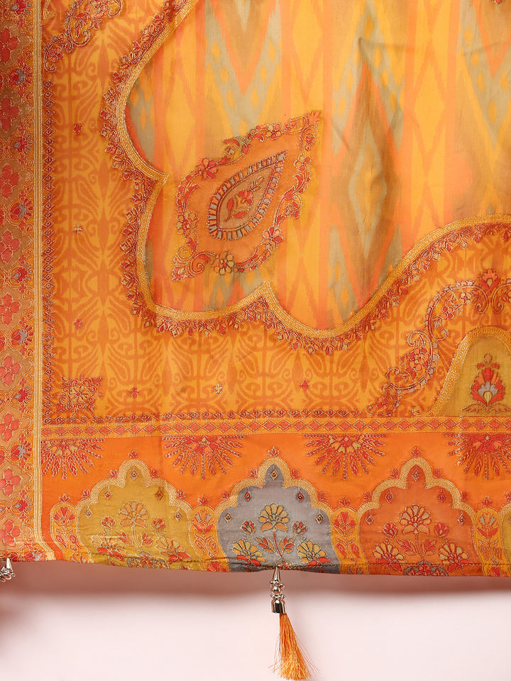 Mustard and green striped silk embroidered anarkali set