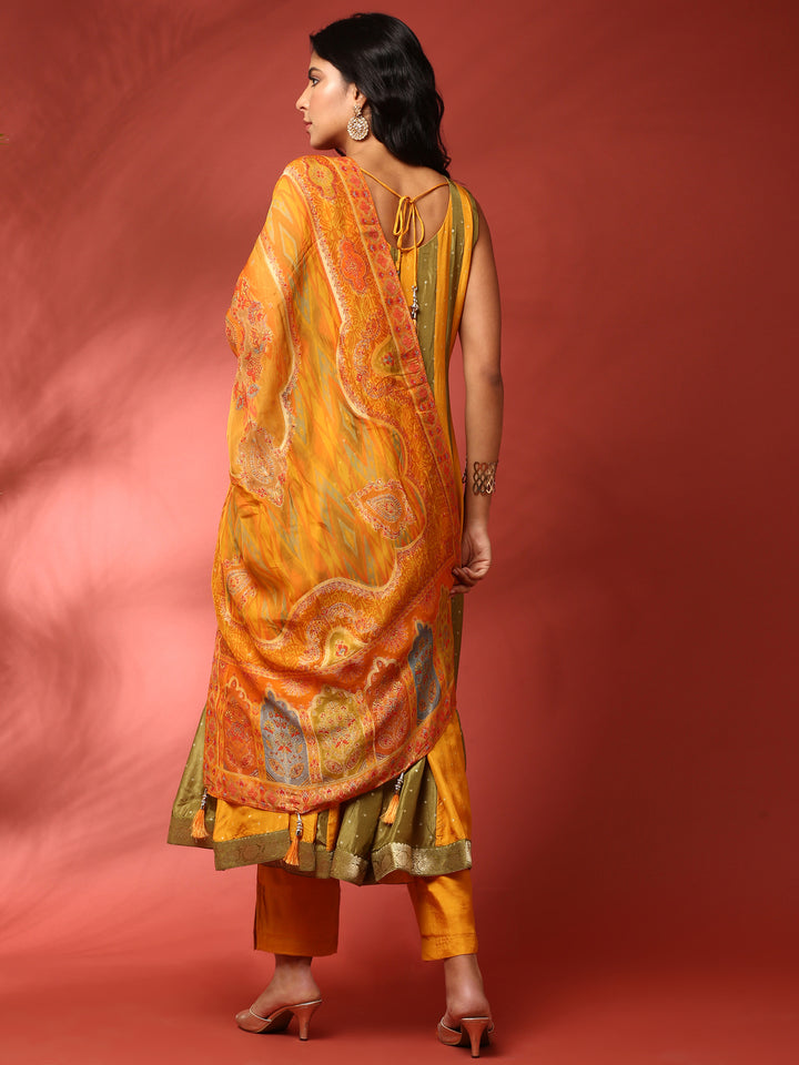 Mustard and green striped silk embroidered anarkali set