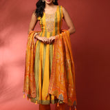 Mustard and green striped silk embroidered anarkali set