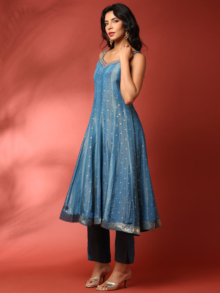 Ferozi tissue fabric anarkali three piece suit set