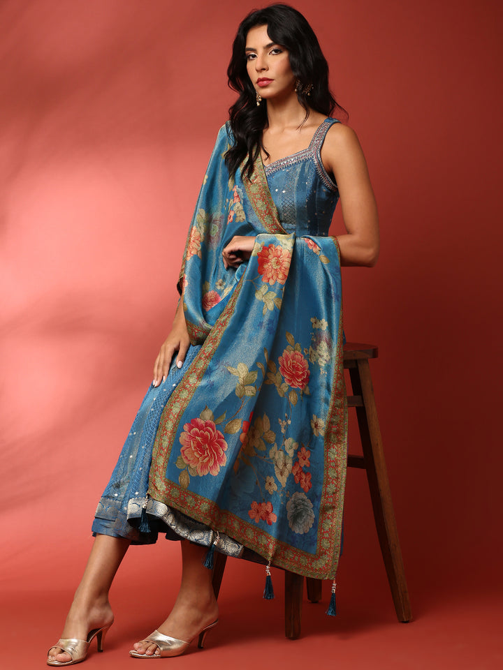 Ferozi tissue fabric anarkali three piece suit set