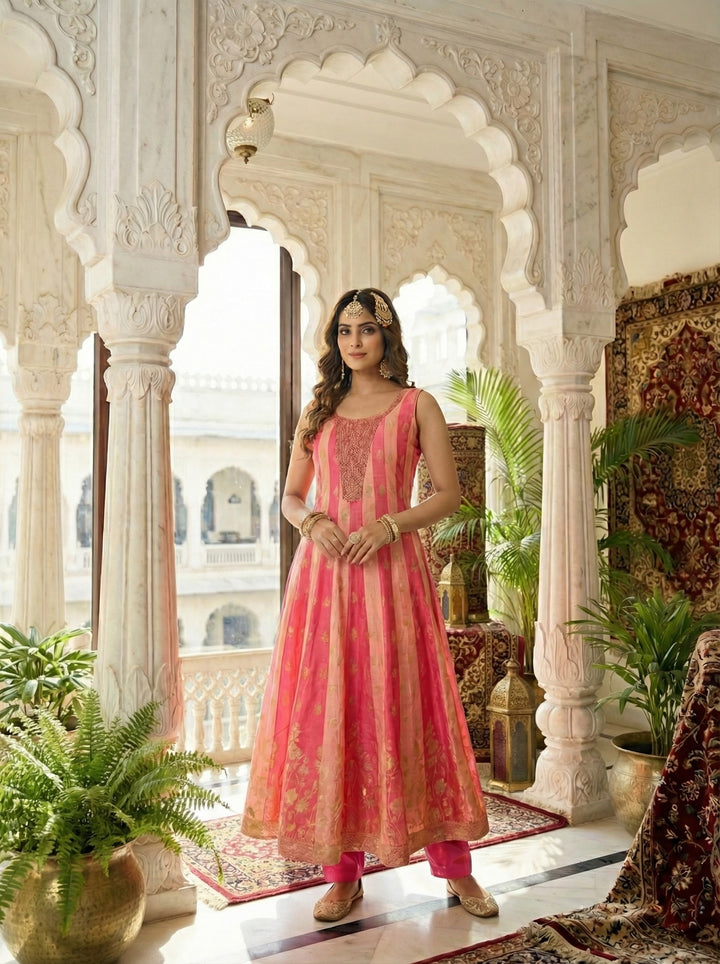 Pink Silk Digital Print Anarkali Set