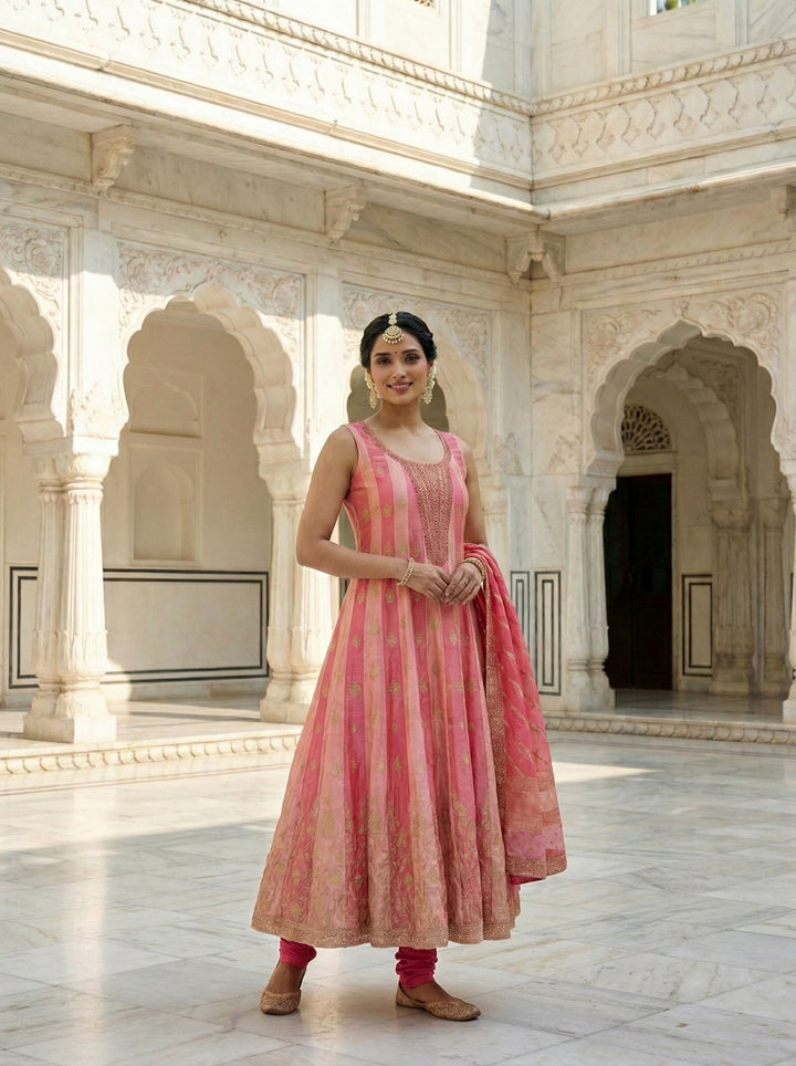 Pink Silk Digital Print Anarkali Set