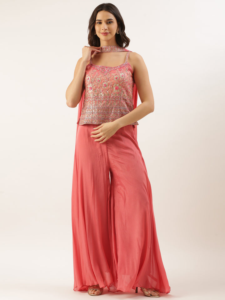 Gajari Tissue Embroidered Peplum With Palazzo