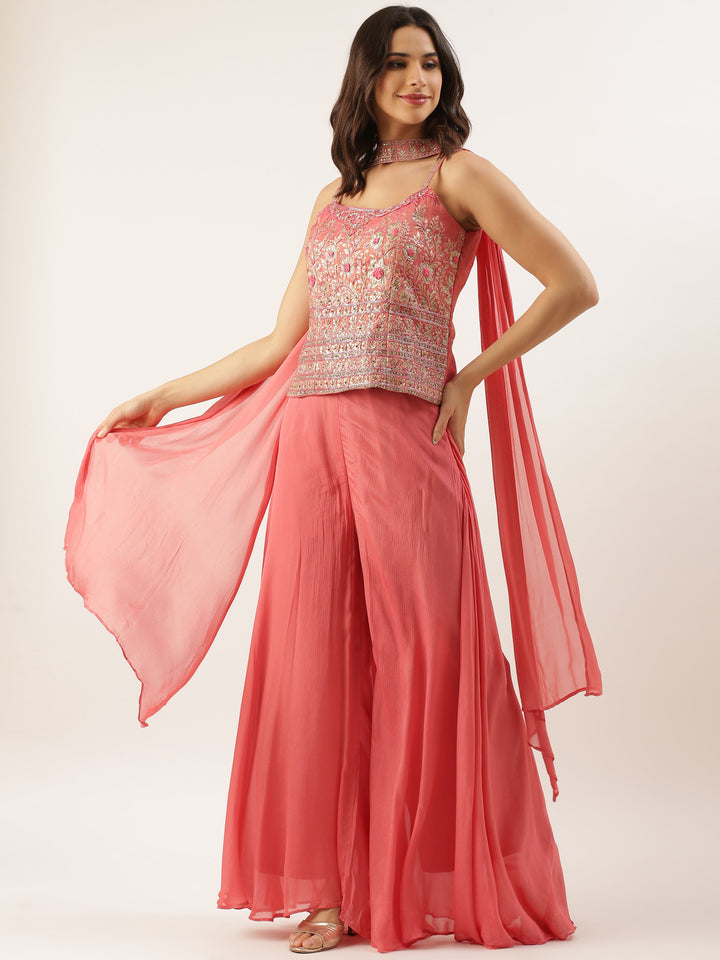 Gajari Tissue Embroidered Peplum With Palazzo