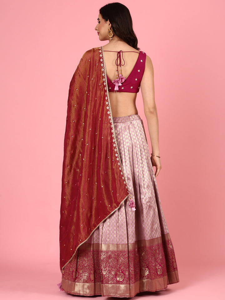 Magenta silk embroidered Three piece ghagra set