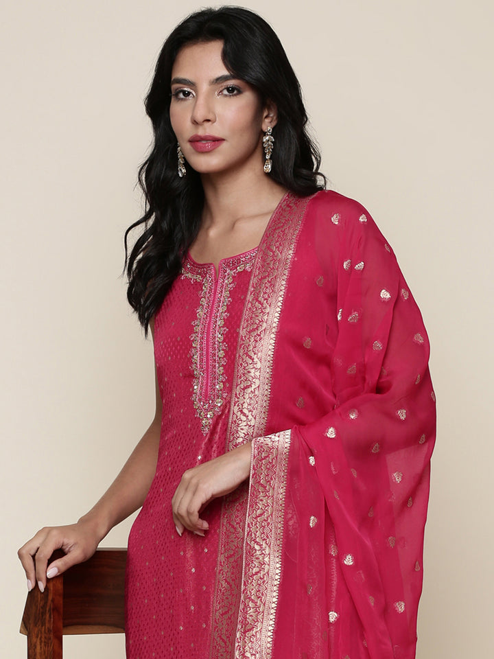 Pink tissue fabric embroidered Three piece suit set