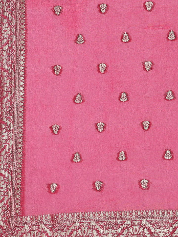 Pink tissue fabric embroidered Three piece suit set