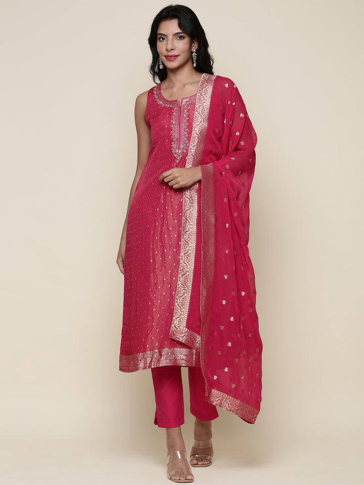Pink tissue fabric embroidered Three piece suit set
