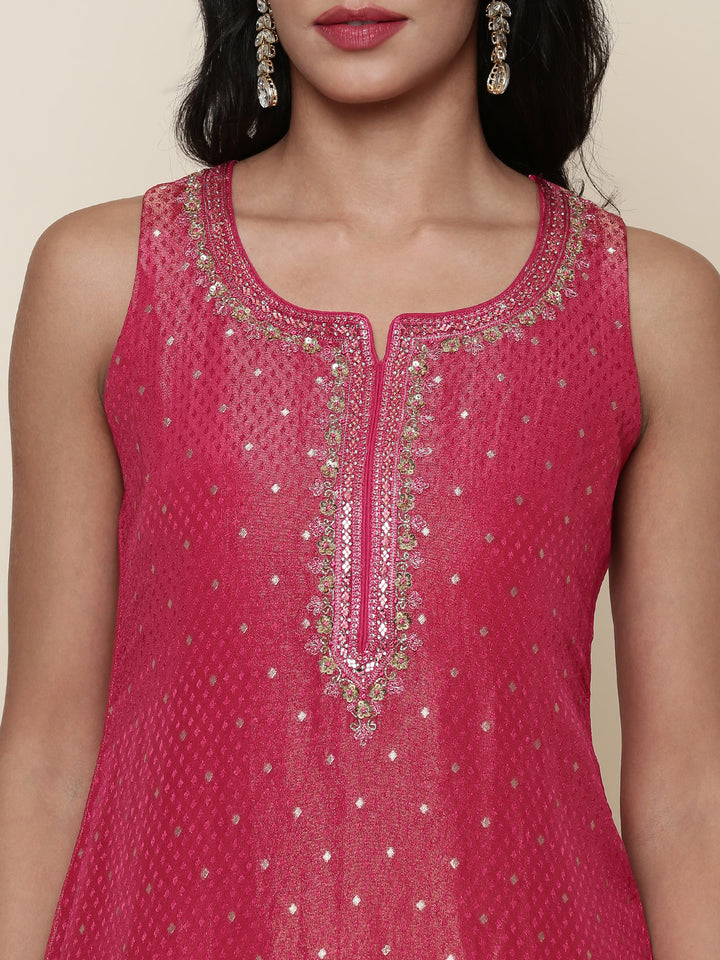 Pink tissue fabric embroidered Three piece suit set