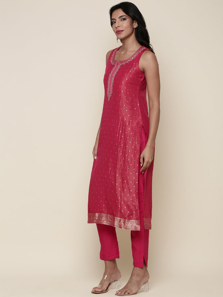 Pink tissue fabric embroidered Three piece suit set
