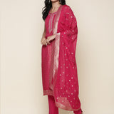 Pink tissue fabric embroidered Three piece suit set