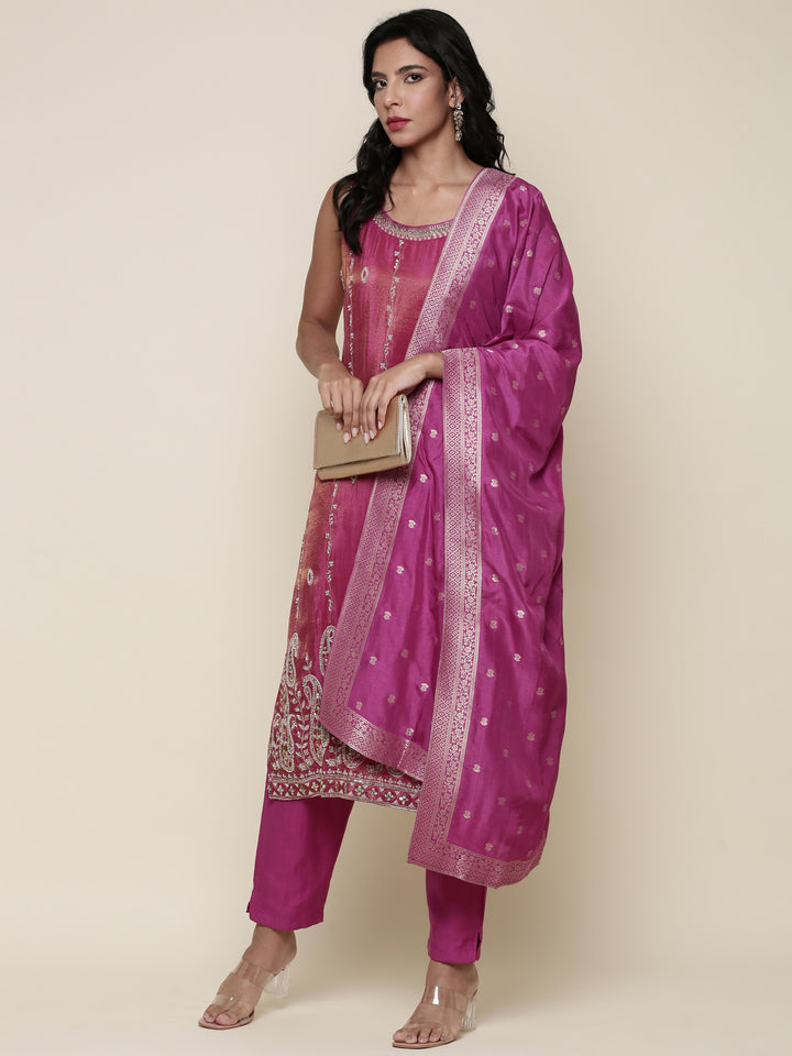 Magenta Tissue suit embroidered three piece set