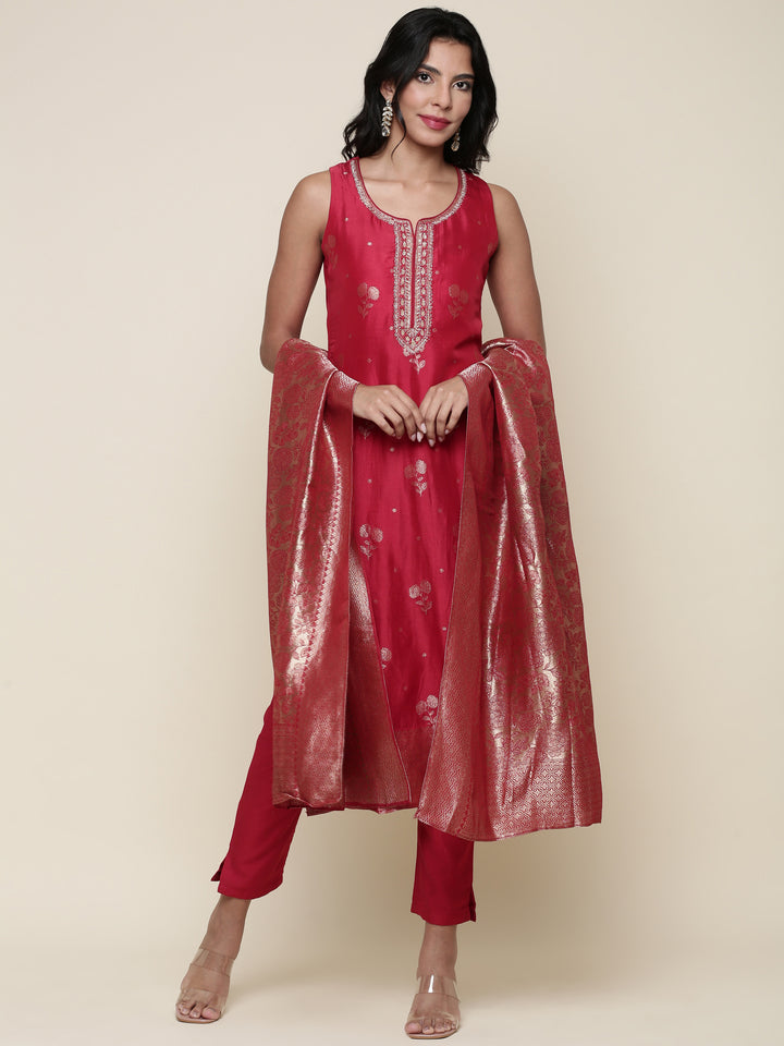 Silk red embroidered Three piece suit set