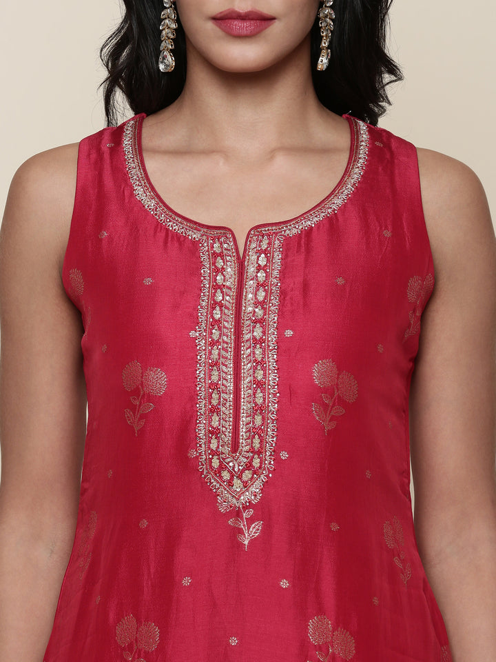 Silk red embroidered Three piece suit set