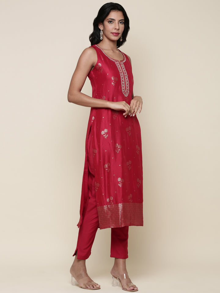 Silk red embroidered Three piece suit set