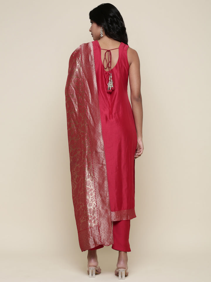 Silk red embroidered Three piece suit set