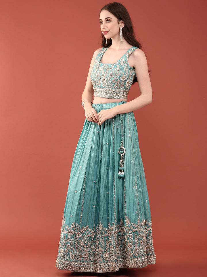 Teal Tissue Aari Heavy Embroidered Ghagra Set