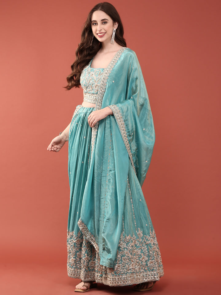 Teal Tissue Aari Heavy Embroidered Ghagra Set