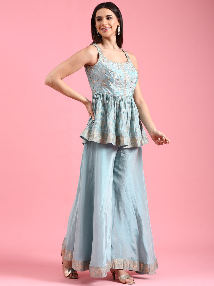 Ice Blue Banaras Silk Embroidery Peplum Palazzo