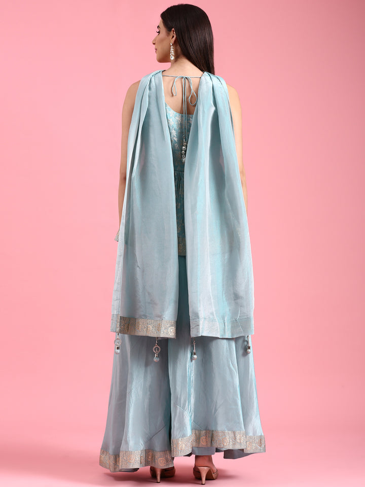Ice Blue Banaras Silk Embroidery Peplum Palazzo
