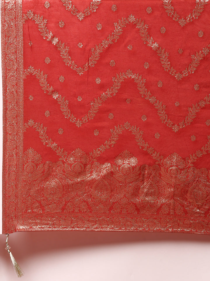 Mustard tissue fabric embroidered three piece suit set with contrast dupatta