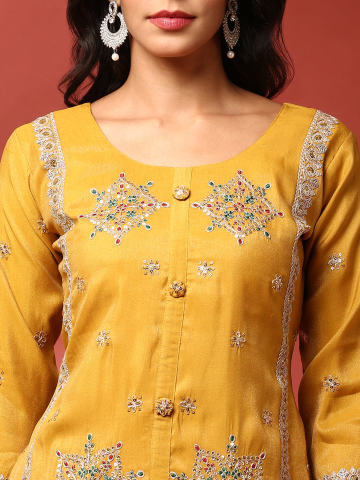 Mustard tissue fabric embroidered three piece suit set with contrast dupatta